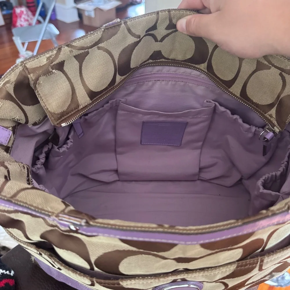 Coach Signature Brown Canvas Purple Trim Diaper Bag Tote F17443